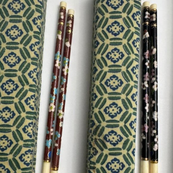 4 Vtg Sets Cloisonne Enamel Inlay Chopsticks in Original Silk Boxes, 8.5”Long - Picture 2 of 9
